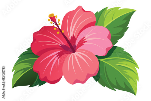 Detailed hibiscus flower shines brightly, surrounded by luscious green leaves, and looks stunning