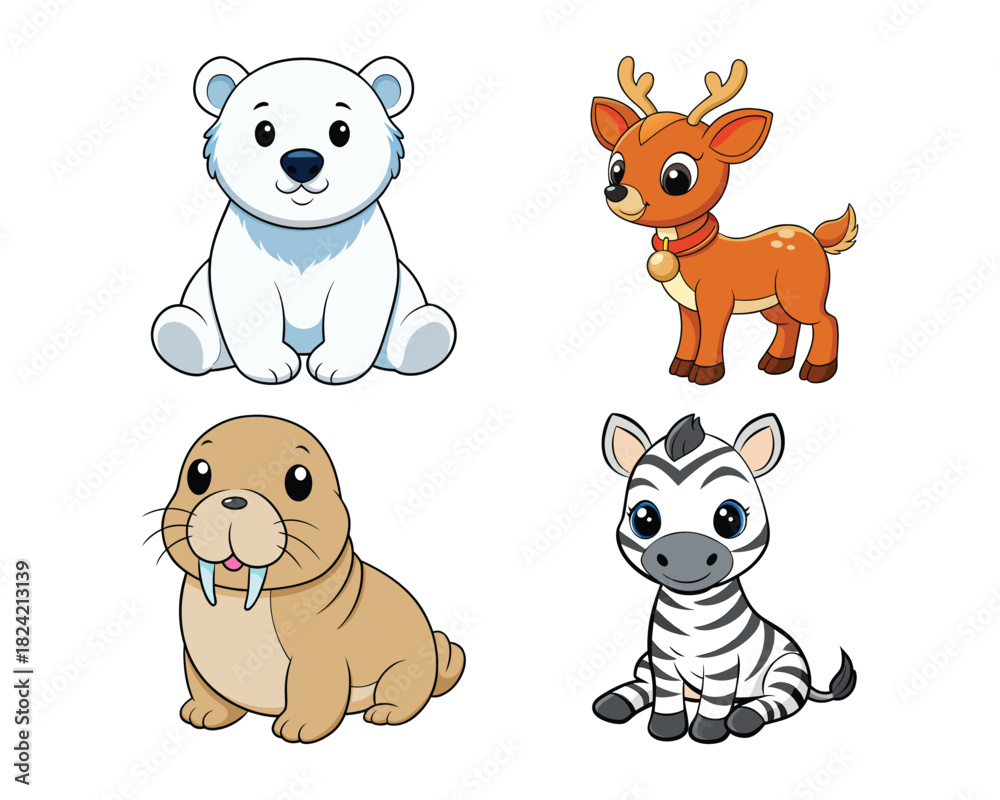 Fototapeta premium polar bear cartoon, cute polar bear illustration, polar bear vector design, reindeer cartoon, cute reindeer illustration, reindeer colorful vector, walrus cartoon character, cute walrus illustration, 