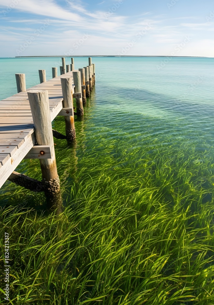 Fototapeta premium Scenic coastal landscape with pier and clear ocean water for nature-themed designs