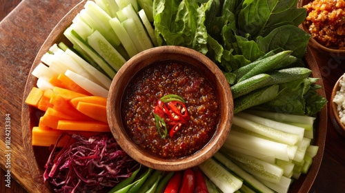 Fresh Vegetables and Dipping Sauce Arrangement on Wooden Platter Featuring Colorful Carrots, Cucumbers, Lettuce, and Spicy Chili Dip for Healthy Eating