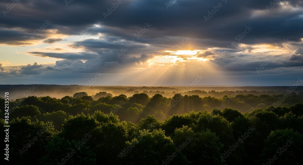 Obraz premium Majestic sunrise over lush forest with dramatic clouds and sun rays illuminating the horizon
