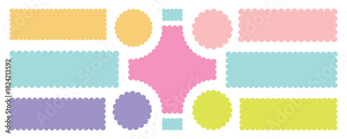 Different set of frames with zigzag edge, scallop edge shape. Rectangular, oval round scalloped frames. Isolated elements for design of text box, badge, banner.