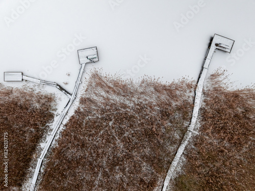 Aerial view of snow-covered...
