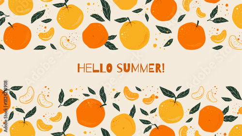 Fruit Background With Hand draw Tangerines Or Oranges with leaves and slices with a place for text. Summer vector design for banners, posters, flyers, postcards