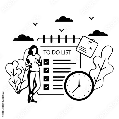 Girl Standing and managing to do list on large Calendar concept, Effective Planning Getting Things done vector design, Intrinsic motivation scene, Behavioral Economics banner, Visual cues motion