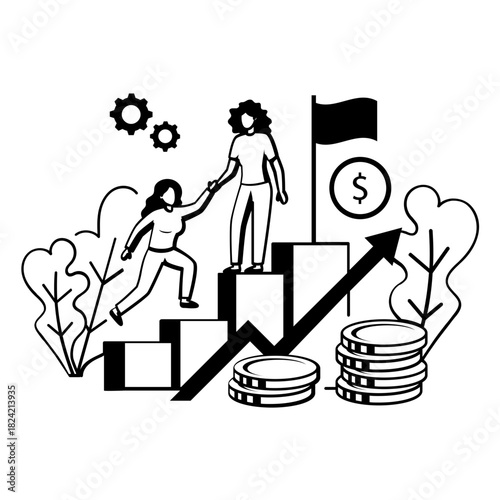 Person giving helping Hands for Growth to other climb up concept,two women on ascending block steps vector design,Intrinsic motivation scene,Behavioral Economics banner, Visual cues illustration