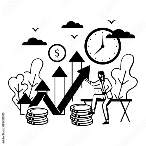 entrepreneur taking decision at right time to drive success concept, Man analysis daily sales trend vector design, Intrinsic motivation scene,Behavioral Economics banner,Visual cues illustration