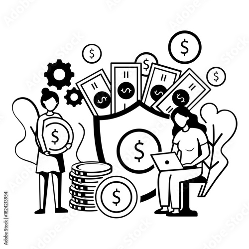 two women with stack of coins, dollar bills, and shield concept, guarding your money with growing dreams vector design, Intrinsic motivation scene, Behavioral Economics banner, Visual cues motion