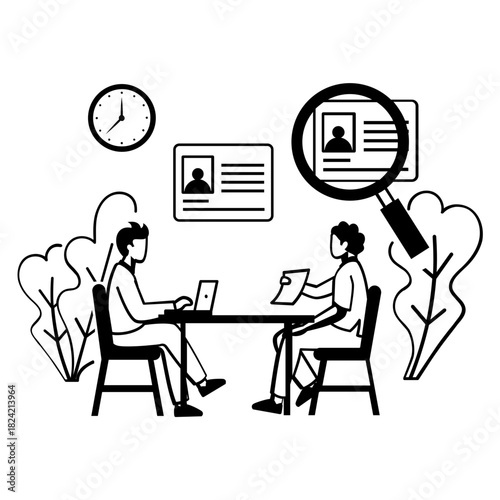 candidate evaluation and recruitment scene concept,  Recruiter screening, analyzing profiles for best fit vector design, Intrinsic motivation scene, Behavioral Economics banner, Visual cues motion
