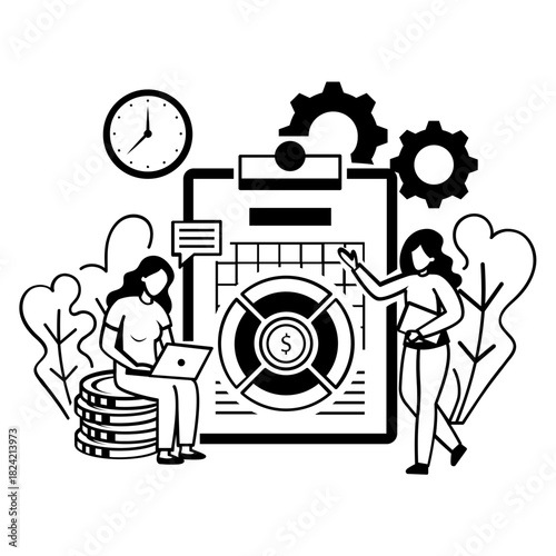 Two Women Analyzing Investment and capital concept, Budget Management and Productivity with time vector design, Intrinsic motivation scene, Behavioral Economics banner, Visual cues motion