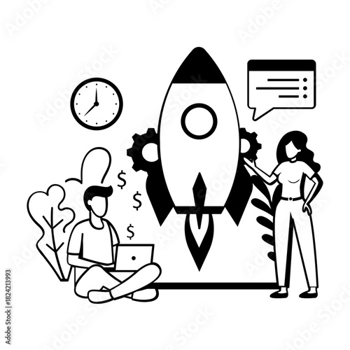 Two people with laptops are launching new startups concept, Starting New Saas Product vector design, Intrinsic motivation scene, Behavioral Economics banner, rocket on launchpad illustration
