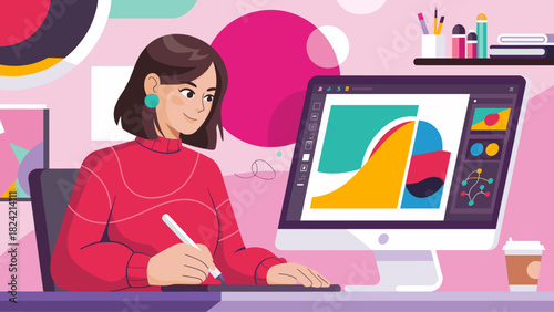 graphic designer working at her desk with a stylus pen on a computer , vector illustration for digital art, creative profession and modern illustration