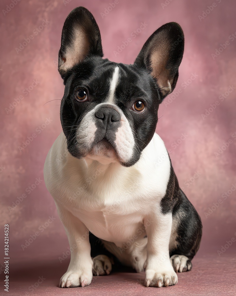 Fototapeta premium Adorable French Bulldog posing against a soft pink background, showcasing its charm.