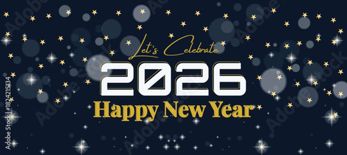 Happy New Year 2026 Banner with Gold Fireworks and Hanging Ornaments on Dark Blue Background