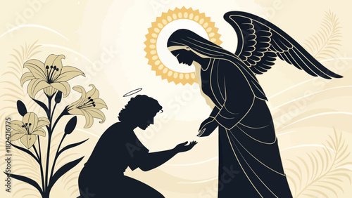 Elegant angel appearing to kneeling figure, a divine revelation with lilies and radiant halo, spiritual art