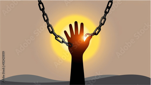 This image features a silhouette of a raised arm and hand against a bright sunset or sunrise. The hand is holding up a broken piece of chain, symbolizing freedom, liberation, or emancipation 