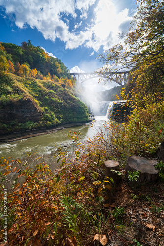Fall foliage around the upper fall in Letchworth State Park, New York