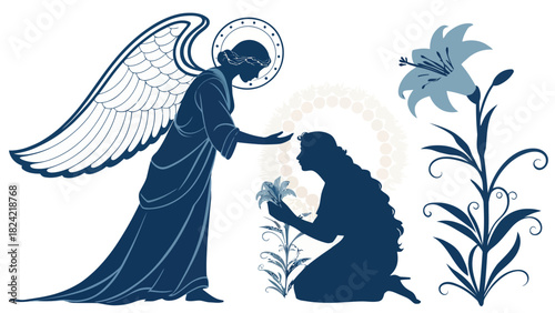 Stunning angel and kneeling figure with halo, serene religious illustration for Easter or spiritual designs