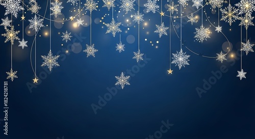 Elegant winter holiday scene with hanging snowflakes and stars on a blue background for festive decor