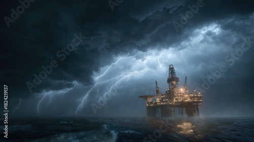 Offshore oil rig under dramatic lightning storm at sea