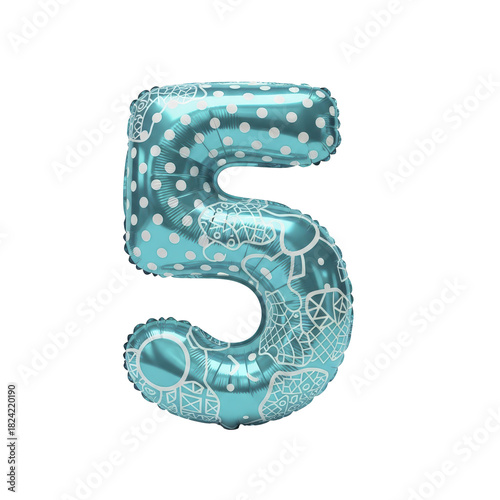 Aqua blue foil number 5 balloon with white polka dots and intricate patterned detailing isolated on white background