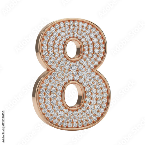 An elegant 3D rendering of the number eight, crafted from polished rose gold and encrusted with brilliant diamonds, representing a luxurious and celebratory concept