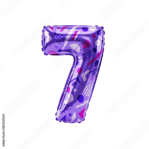 Vibrant purple foil balloon in the shape of number seven, featuring a playful abstract pattern, perfect for birthdays, anniversaries, or special event decorations, isolated on white background