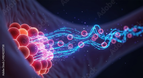 Liquid Biopsy Metaphorical Search A futuristic, stylized microscopic view where glowing data streams (representing circulating tumor DNA/cells) are extracted from a stylized blood sample. Focus on 