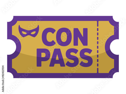Illustration of a convention pass ticket with a mask icon and the words con pass