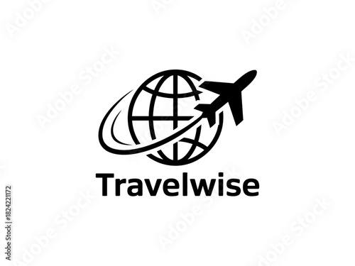Airplane flying around the globe with travelwise text below in black and white vector