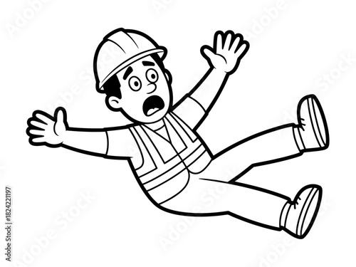 Cartoon construction worker falling with arms and legs flailing in black and white
