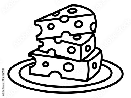 Stack of three cheese wedges with holes on a plate in black and white outline style