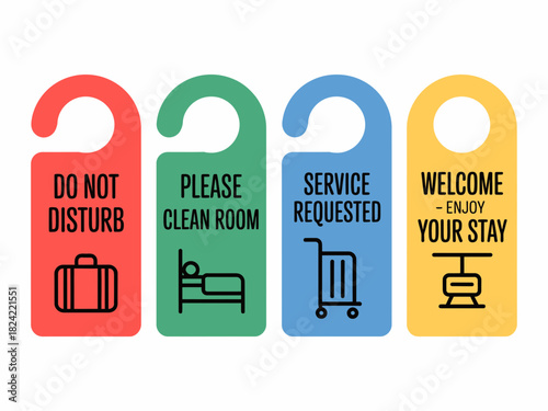 Collection of hotel door hangers with do not disturb clean room service and welcome messages