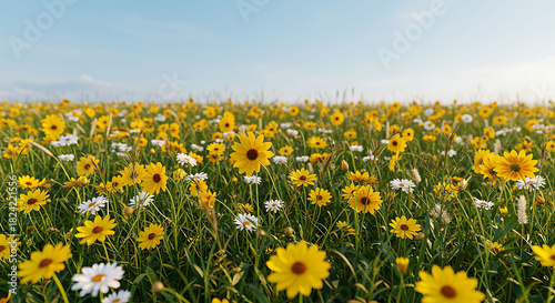 Fototapeta Naklejka Na Ścianę i Meble -  Field of yellow and white wildflowers under blue sky daisy grass meadow summer spring