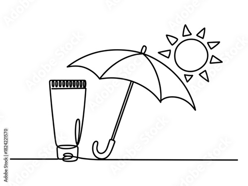 Outline drawing showing sunscreen tube umbrella and sun protection against uv rays