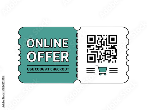 Illustration of a coupon with online offer text and a qr code for checkout process