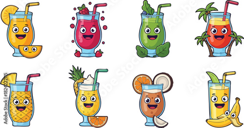 Colorful cartoon juice drinks with happy faces in various flavors.