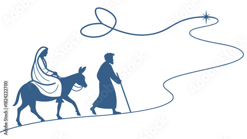 Mary and Joseph journey to Bethlehem illustration following the star of wonder vector art