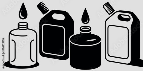 Illustration of fuel cans and bottles with dripping liquid