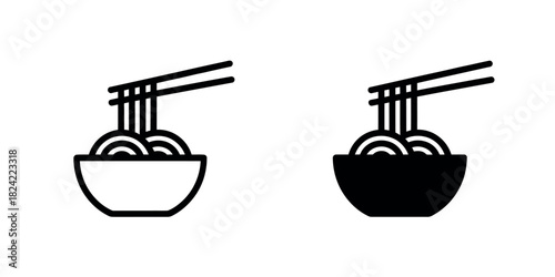 Two stylized icons of a bowl of noodles with chopsticks in black and white