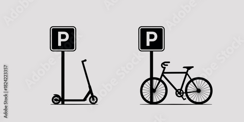 Electric scooter and bicycle parking signs on gray background