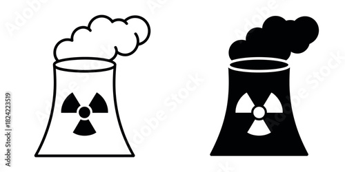 Nuclear power plant cooling towers with radiation symbol