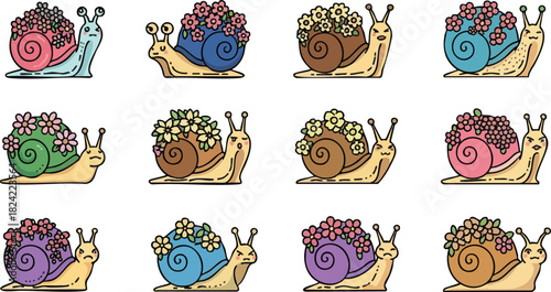Colorful snails with flower shells crawling across a white surface.