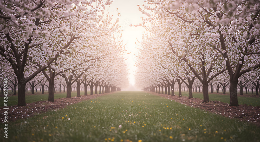 Naklejka premium Blossom Orchard in Spring trees row path grass nature landscape blooming white flowers