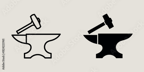 Blacksmith anvil and hammer icon in outline and silhouette