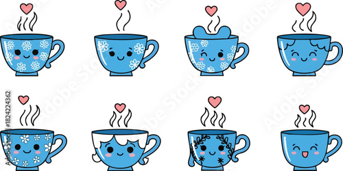 Cute Blue Coffee Cups with Hearts and Steam.