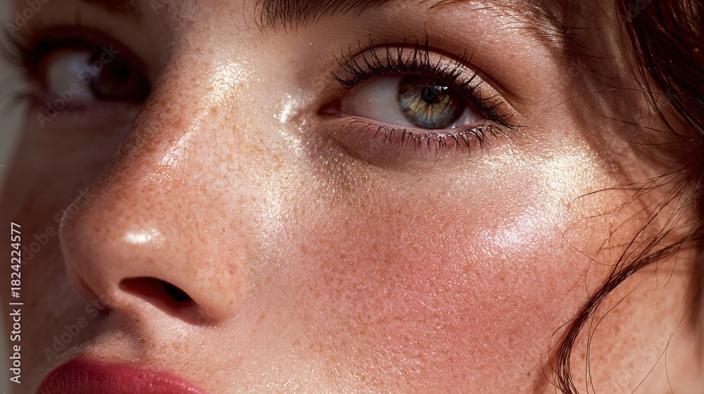 Obraz premium Close-up portrait of fresh dewy skin with natural makeup and green eyes