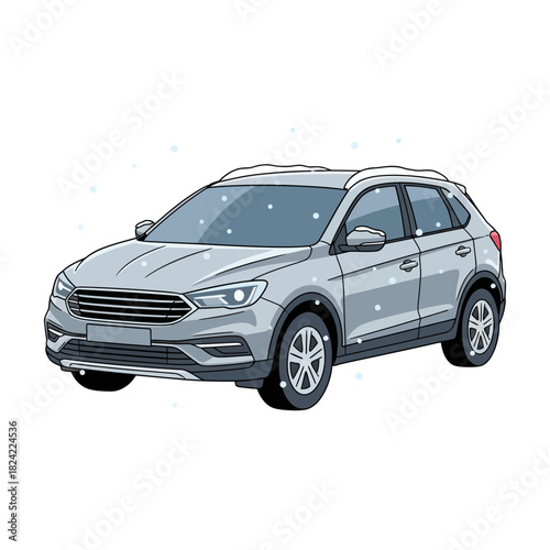 Metallic Grey Winter Crossover Car Vector with Snow Dust and Black Outlines