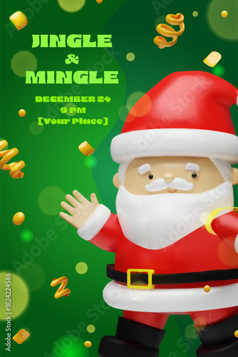 A 3D Santa Claus on a festive Christmas party invitation. Vertical Jingle and Mingle holiday event template on a green background with confetti