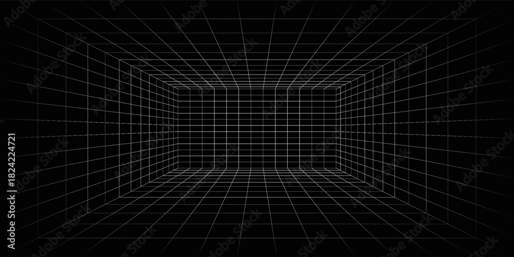 Naklejka premium Futuristic perspective grid box. Abstract wireframe with white grid line on black background. Virtual reality landscape in 80s 90s digital style. Vector